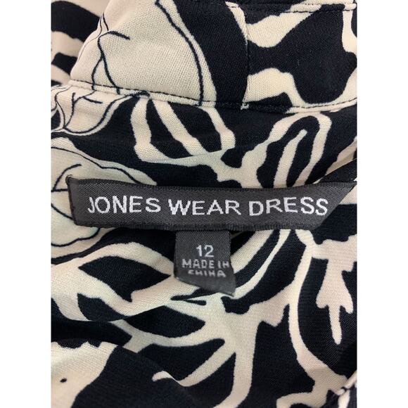 Size 12 Jones Wear Dress Black Ivory Print Pullover Stretch A-Line Midi - Picture 9 of 10
